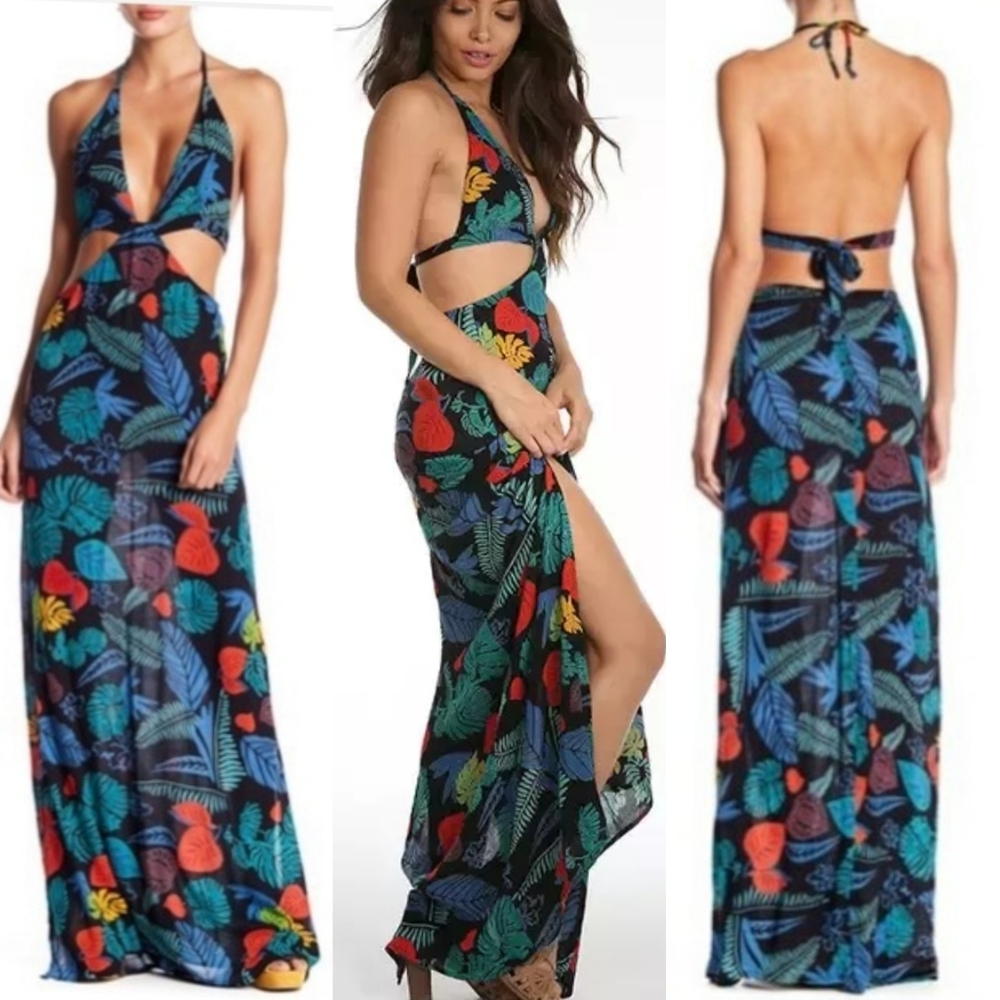 NWT Raga Punta Uva Tropical Cutout Halter Maxi Dress Resort Vacation Style Large